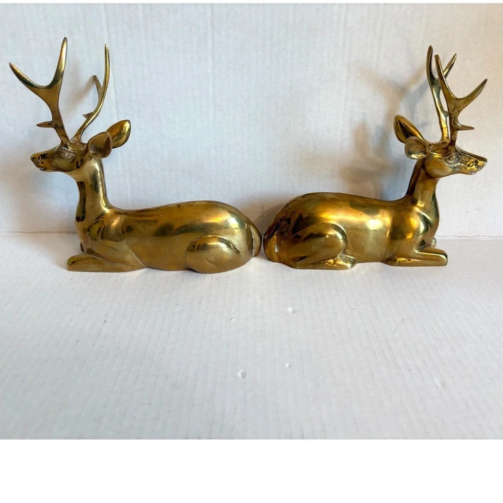Vintage Large Solid Brass Reclining Deer Figurines Set of 2 MCM Buck Statues 8